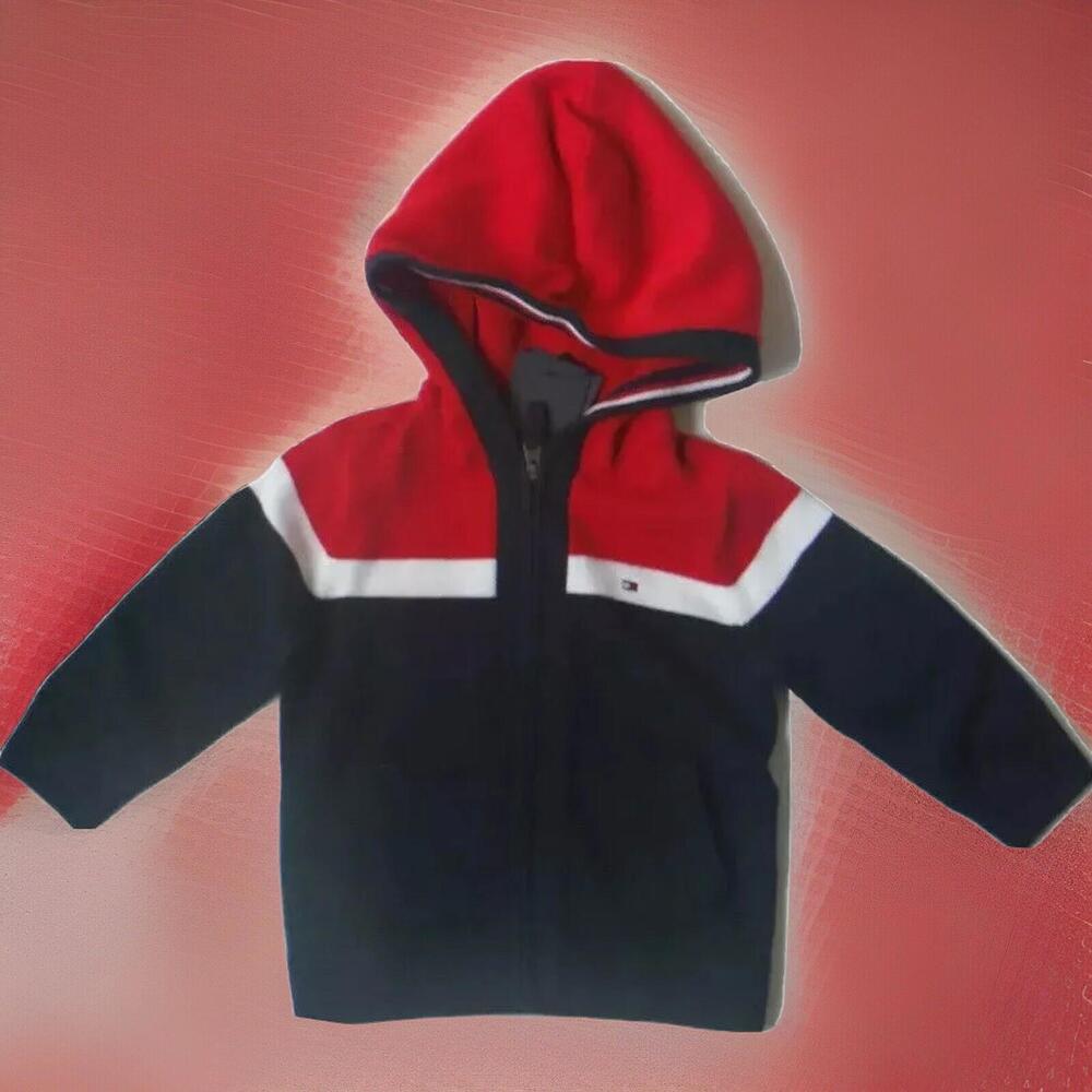 TOMMY HILFIGER BABY BOYS SWEATER HOODIE SIZE 12 M FULL ZIP NAVY RED WHITE
